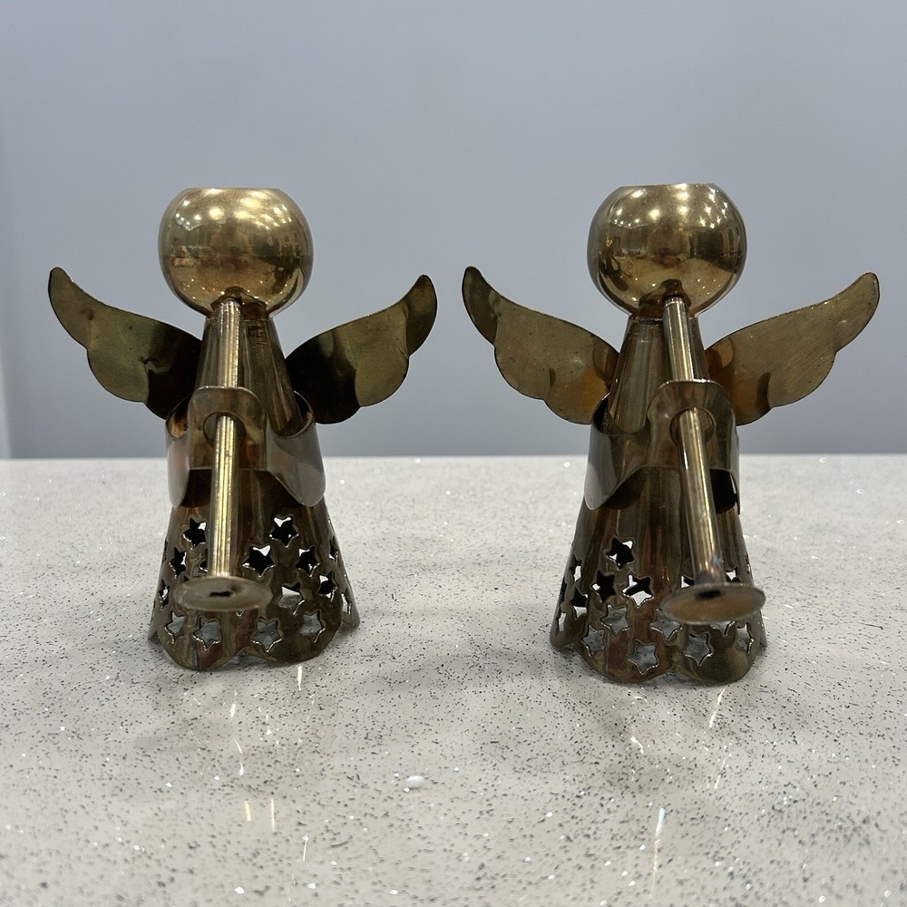 Vintage Brass‎ Angel Playing Horn - Taper Candle Holder - Set Of 2